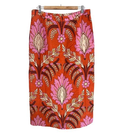 Sundance Dresses & Skirts - Sundance Womens 14 Orange Pink Floral Linen Midi Pencil Skirt Damask Print Boho